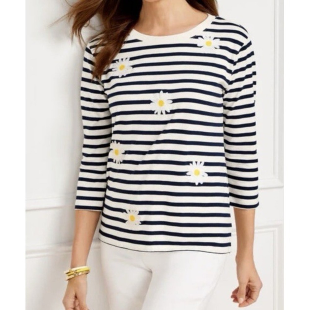 Talbots Plus 1X Navy White Striped Daisy Embroidered 3/4 Sleeve Cotton Top Coast